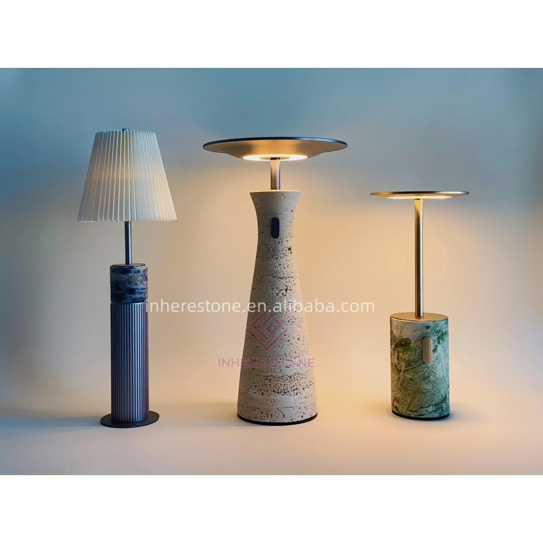 Luxury Travertine Marble Cordless Table Lamp – Portable Natural Stone LED Light for Restaurant, Dining, and Hotel Decor