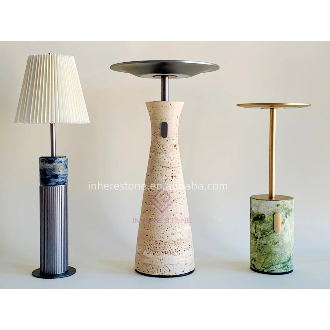 Luxury Travertine Marble Cordless Table Lamp – Portable Natural Stone LED Light for Restaurant, Dining, and Hotel Decor