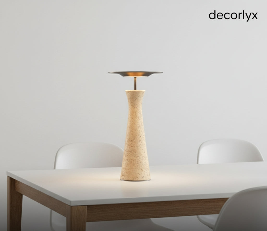 Luxury Travertine Marble Cordless Table Lamp – Portable Natural Stone LED Light for Restaurant, Dining, and Hotel Decor