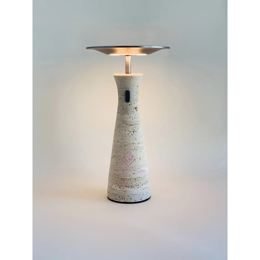 Luxury Travertine Marble Cordless Table Lamp – Portable Natural Stone LED Light for Restaurant, Dining, and Hotel Decor
